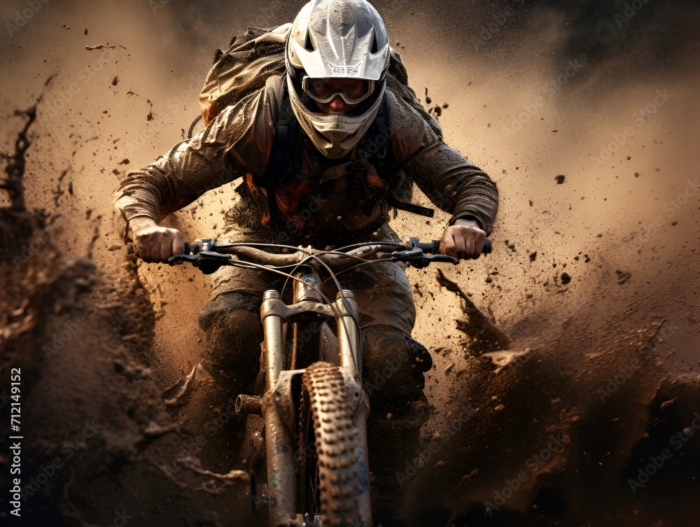 Naklejka premium A man on a mountain bike riding and splashing mud