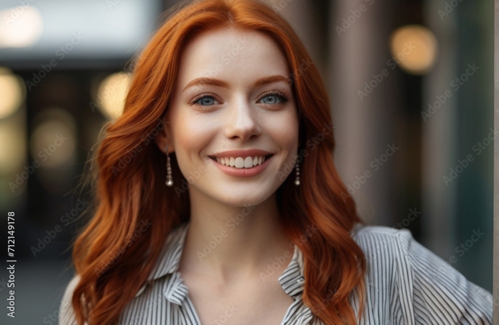 Portrait of Beautiful Stylish Woman with red Hair Looking Up to the Camera and Smiling from Generative AI Portrait of Beautiful Stylish Woman with red Hair Looking Up to the Camera and Smiling from Generative AI