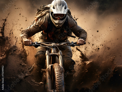 A man on a mountain bike riding and splashing mud