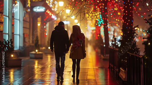 couple taking a romantic stroll in a city, with Valentine's Day street decorations, lights, and a festive atmosphere