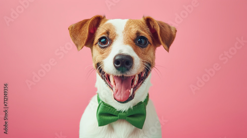 Cute dog with green bowtie on color background. St. Patrick's Day celebration, Space for text on the right, retro vintage style filters