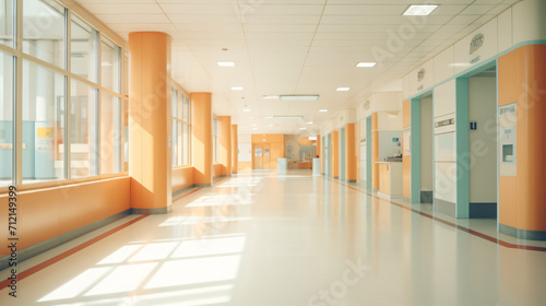 Hospital hallway reception clinic. Unfocused background