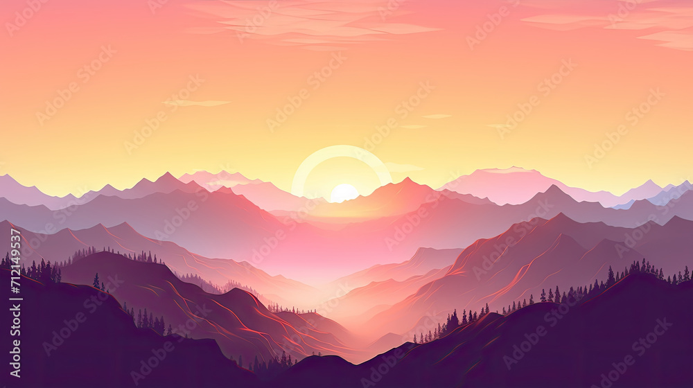 sunrise in the mountains,sunset in the mountains,a scenic view of the sun setting behind towering peaks. This asset is perfect for nature-themed designs, travel brochures, and inspirational content.