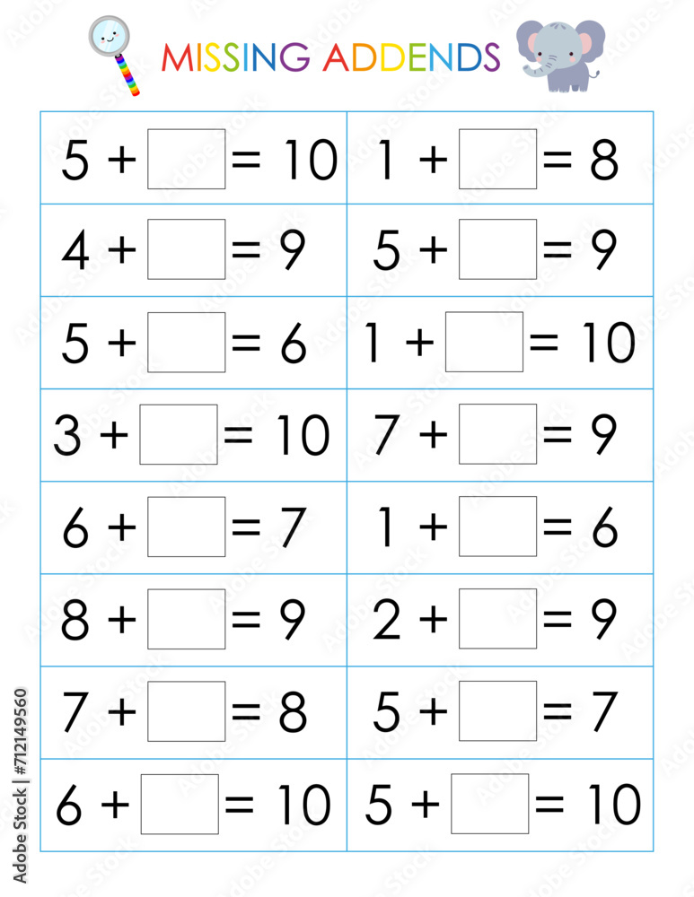 Vetor de Math worksheet for kids. Educational game. Missing addends ...