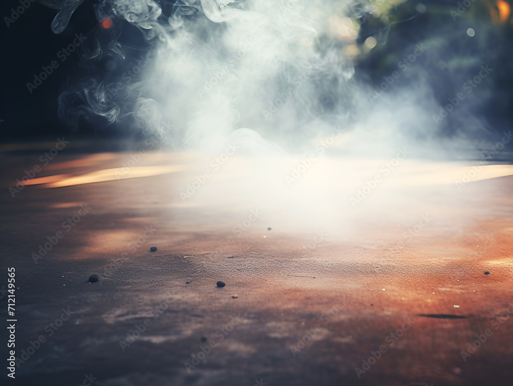 Fototapeta premium Smoke On Cement Floor With Defocused Fog Abstract Background