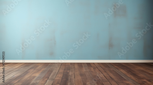 empty Sky Blue wall. dark brown wooden floor © Nate
