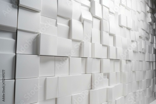 A modern wall made of white tiles in a polished 3D background constructed with rectangular blocks. Generative AI © Yara
