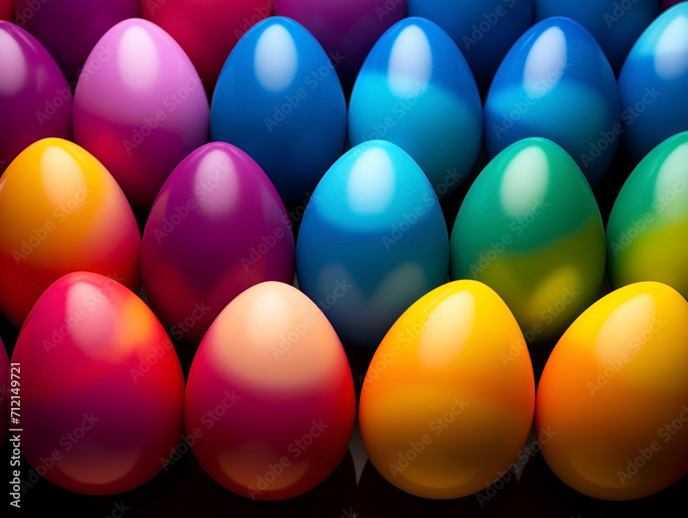 A close-up view from above on a background of colorful bright Easter eggs with copy space