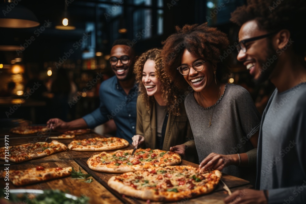 Multiracial group of employees sharing a pizza during a lively office break, Generative AI Multiracial group of employees sharing a pizza during a lively office break, Generative AI