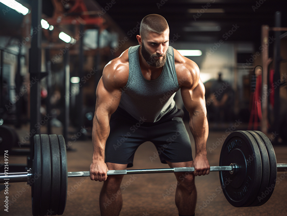 Focused athlete preparing to lift barbell in gym during strength training workout Focused athlete preparing to lift barbell in gym during strength training workout