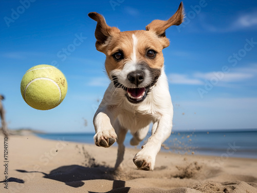 playful happy dog is playing, running and carrying a ball