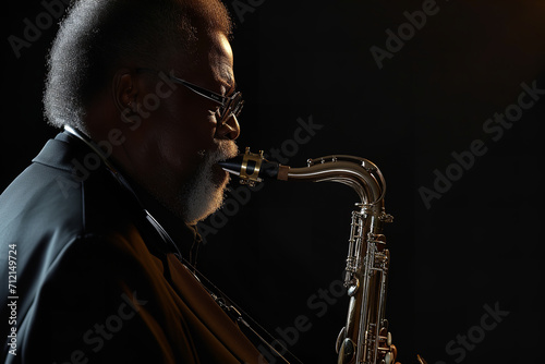 Immerse yourself in the world of jazz with a portrait of a seasoned saxophonist in his early 50s, performing on a dimly lit stage