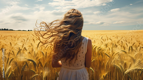Beautiful girl stands with her back in a wheat field
