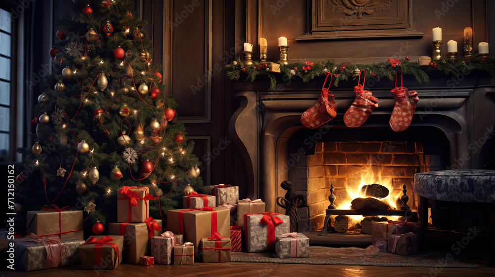 Cozy room with a New Year theme and a fireplace Cozy room with a New Year theme and a fireplace