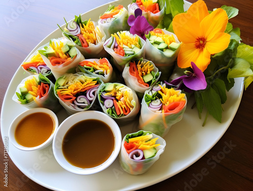 plate of colorful and refreshing summer rolls, filled with fresh vegetables and served with peanut dipping sauce
