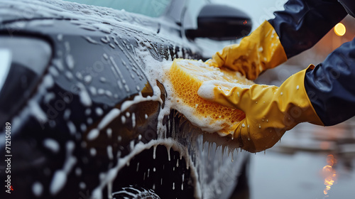Worker washing car with car wash sponge