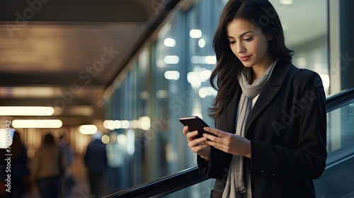 shot of a smiling young Asian business woman in a suit, standing on an urban escalator, using applications on her cell phone.