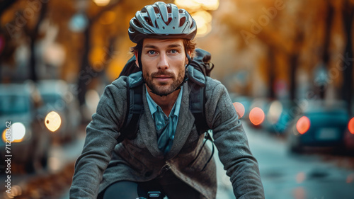 a young man with suit wearing helmet riding a bicycle on a road to work in a city street ,generative ai