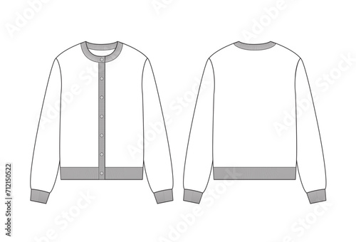 Vector fashion technical drawing of a round neck cardigan with front and back view. Ribbing detail at the neck, placket, cuff and bottom area. Knit fabric.
