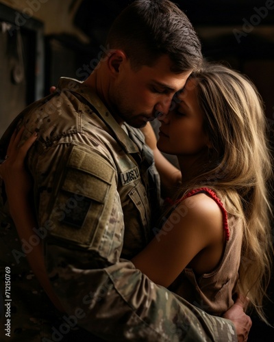 Beautiful woman embrace her soldier