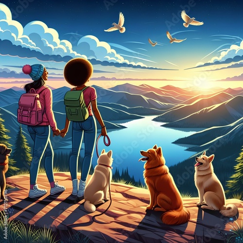 view on top of the mountain with a pet dog watching the sunrise