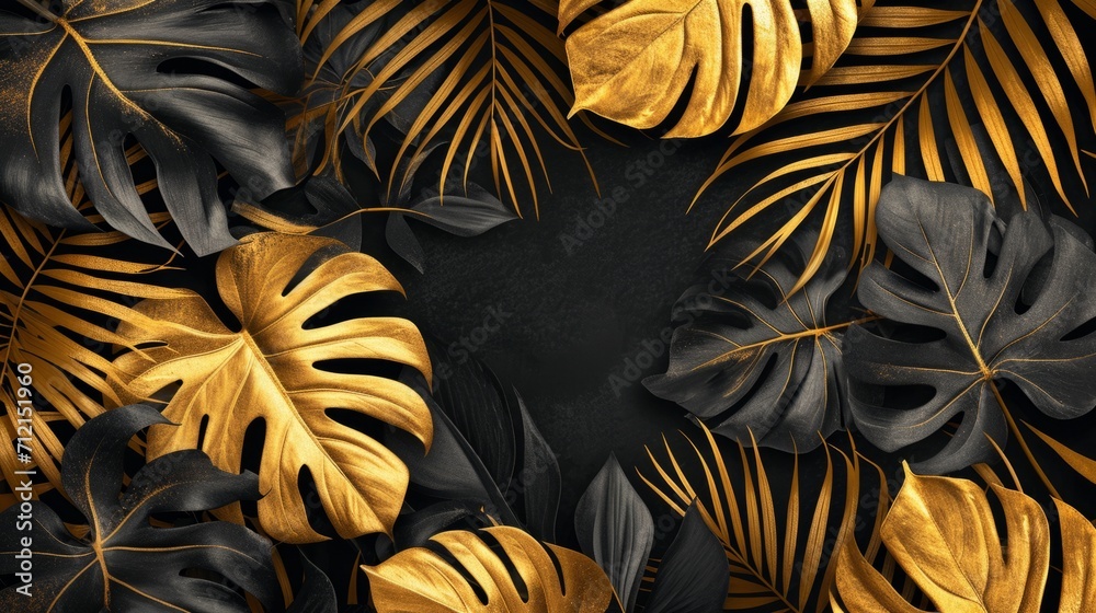 Gold and black tropical leaves on a black background Gold and black tropical leaves on a black background