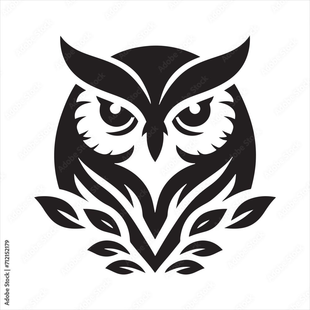 Nocturnal Elegance: Owl Silhouette Gracefully Adorning the Darkened Canopy - Owl Illustration - Bird Vector
