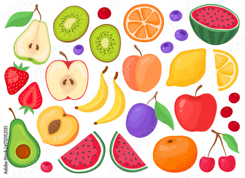 Various tropical fruits on a white background. Apple, peach, banana, pear, kiwi, watermelon, strawberry, lemon, orange, cherry, plum. Fruits and slices, summer illustration.