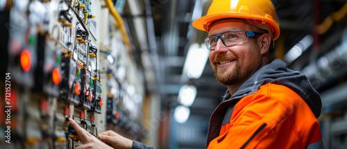 male commercial electrician at work on a fuse box in factory, adorned in safety gear,genertative ai photo