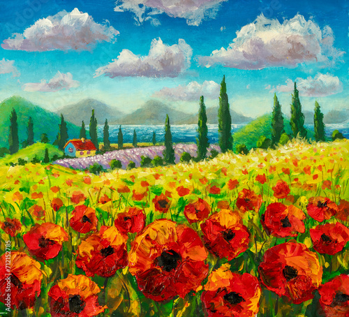 Painting Farm house, field of red flowers poppies, mountains and cypresses under summer sky in Tuscany landscape