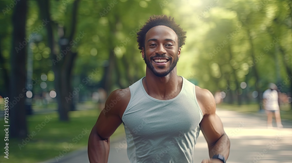 happy black man running in a park, a smile, and a mockup display in nature.