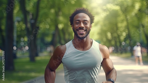 happy black man running in a park, a smile, and a mockup display in nature.