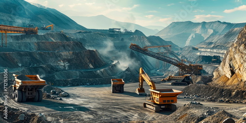 mining activity with excavators, trucks and conveyor belts in a harsh industrial landscape. Generative AI