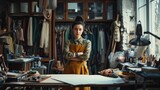 Portrait of a fashion designer with unique clothing pieces in the atelier 