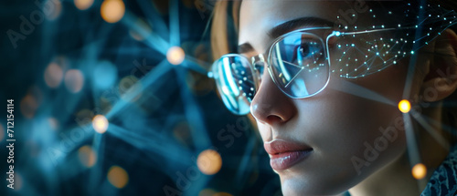 Portrait woman wearing high technology glasses with Data line icon on eyeglasses on woman's face, generative ai