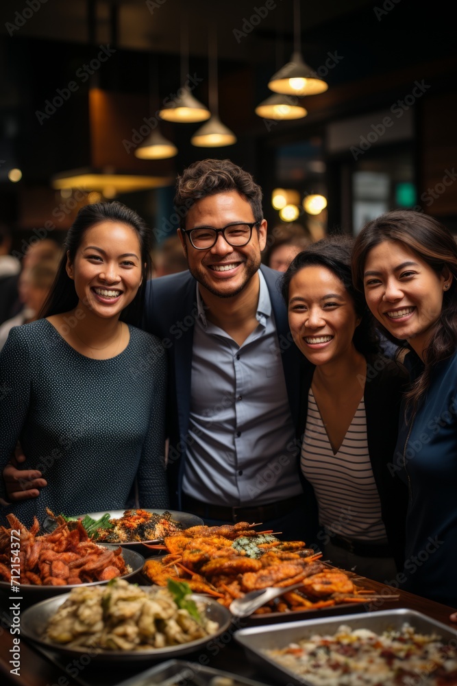 Colleagues from different ethnicities savoring a variety of dishes during a multicultural office lunch break, Generative AI Colleagues from different ethnicities savoring a variety of dishes during a multicultural office lunch break, Generative AI