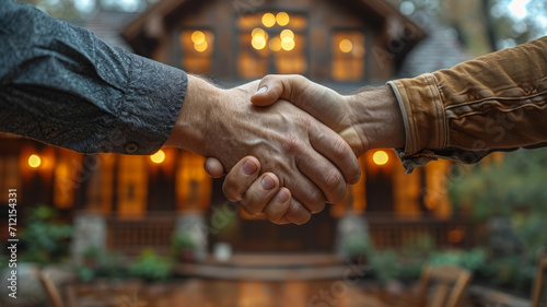 residential house businessman banker shake hand with customer after successful agreement and signing house contract, real estate concept ,generative ai. photo