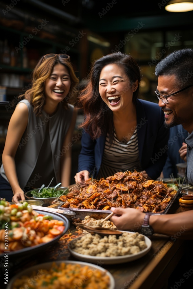 Colleagues from different ethnicities savoring a variety of dishes during a multicultural office lunch break, Generative AI Colleagues from different ethnicities savoring a variety of dishes during a multicultural office lunch break, Generative AI
