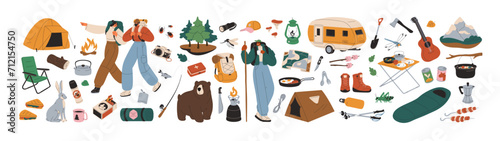 Camping and hiking equipment, supplies set. Adventure, trekking kit, tourists tools. Tent, backpack, picnic table, food, guitar, camera and fire. Flat vector illustrations isolated on white background
