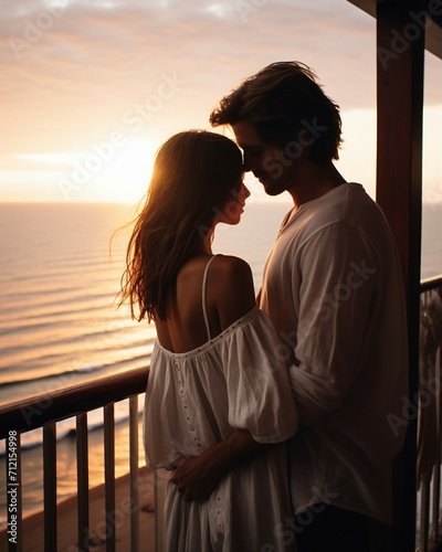 Young couple on a balcony at sunset