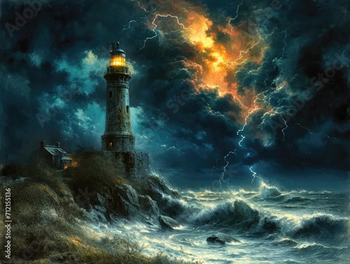 Lighthouse in stormy sea with lightning and thunder, digital painting