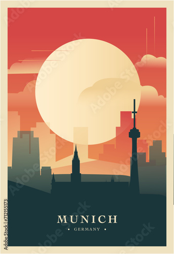 Munich city brutalism poster with abstract skyline, cityscape retro vector illustration. Germany Bavaria travel front cover, brochure, flyer, leaflet, business presentation template image