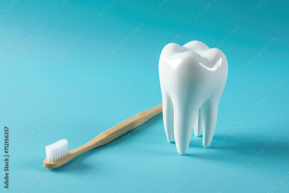 a clean, white tooth and a toothbrush are nearby a clean, white tooth and a toothbrush are nearby