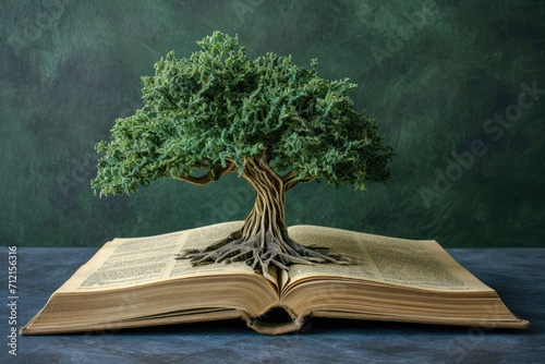 tree growing from an open book, symbolizing the growth of knowledge and ideas