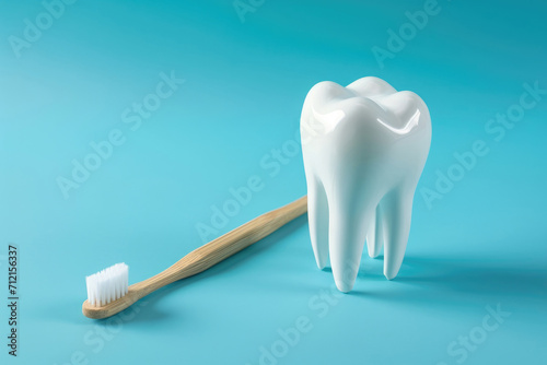 a clean  white tooth and a toothbrush are nearby