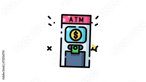 Animated ATM machine dispensing cash in a colorful, financial symbol suitable for bank advertisements, finance blogs, money management websites, and financial education materials. (ID: 712156714)