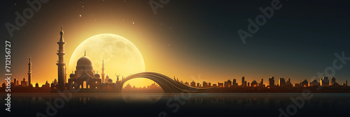 futuristic interpretation, with a mosque by a waterfront, reflecting on the surface, and a large moon rising in the twilight.