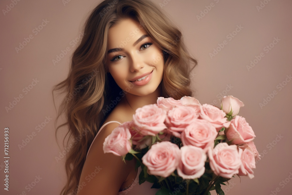 A happy young girl of model appearance with luxurious long hair holds in her hands a large bouquet of pink roses on a light background. spring banner template. A bouquet as a gift, a flower shop. A happy young girl of model appearance with luxurious long hair holds in her hands a large bouquet of pink roses on a light background. spring banner template. A bouquet as a gift, a flower shop.