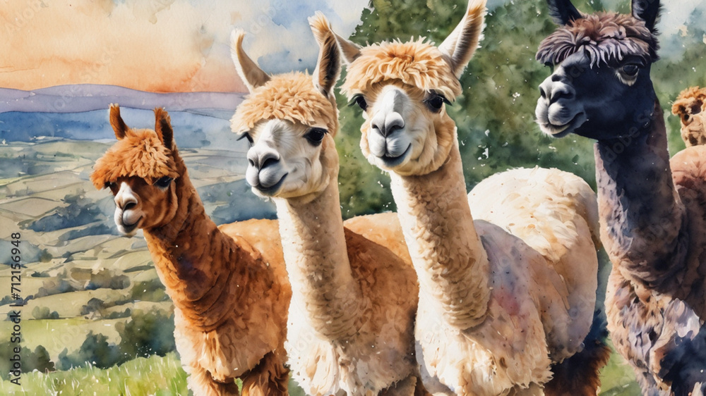 watercolor Funny alpaca team group dressed in colorful suits