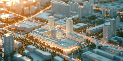 White Modern Architectural Model City Realism Render in Bird's-Eye View Background - The City consists of Bright Glass with Light and Shadow created with Generative AI Technology photo